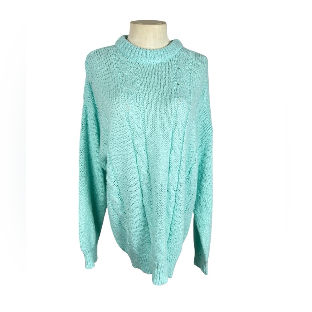 Vintage Sweater minty aqua green Super soft cable knit‎ Plus Size